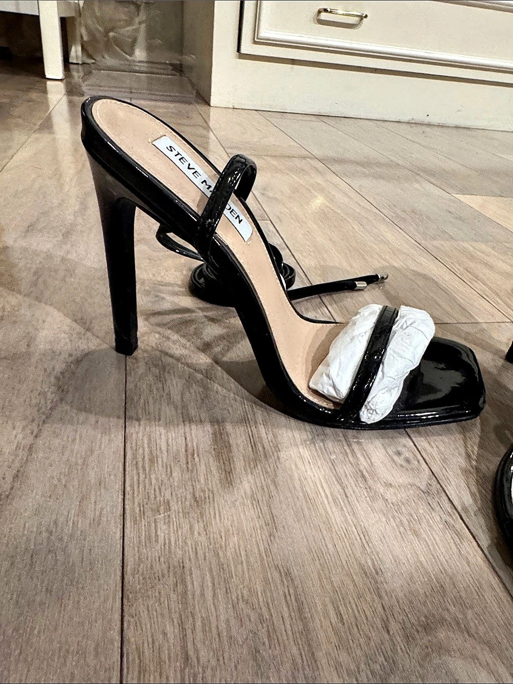 Steve Madden Exotica Black Patent Black Strappy Heels